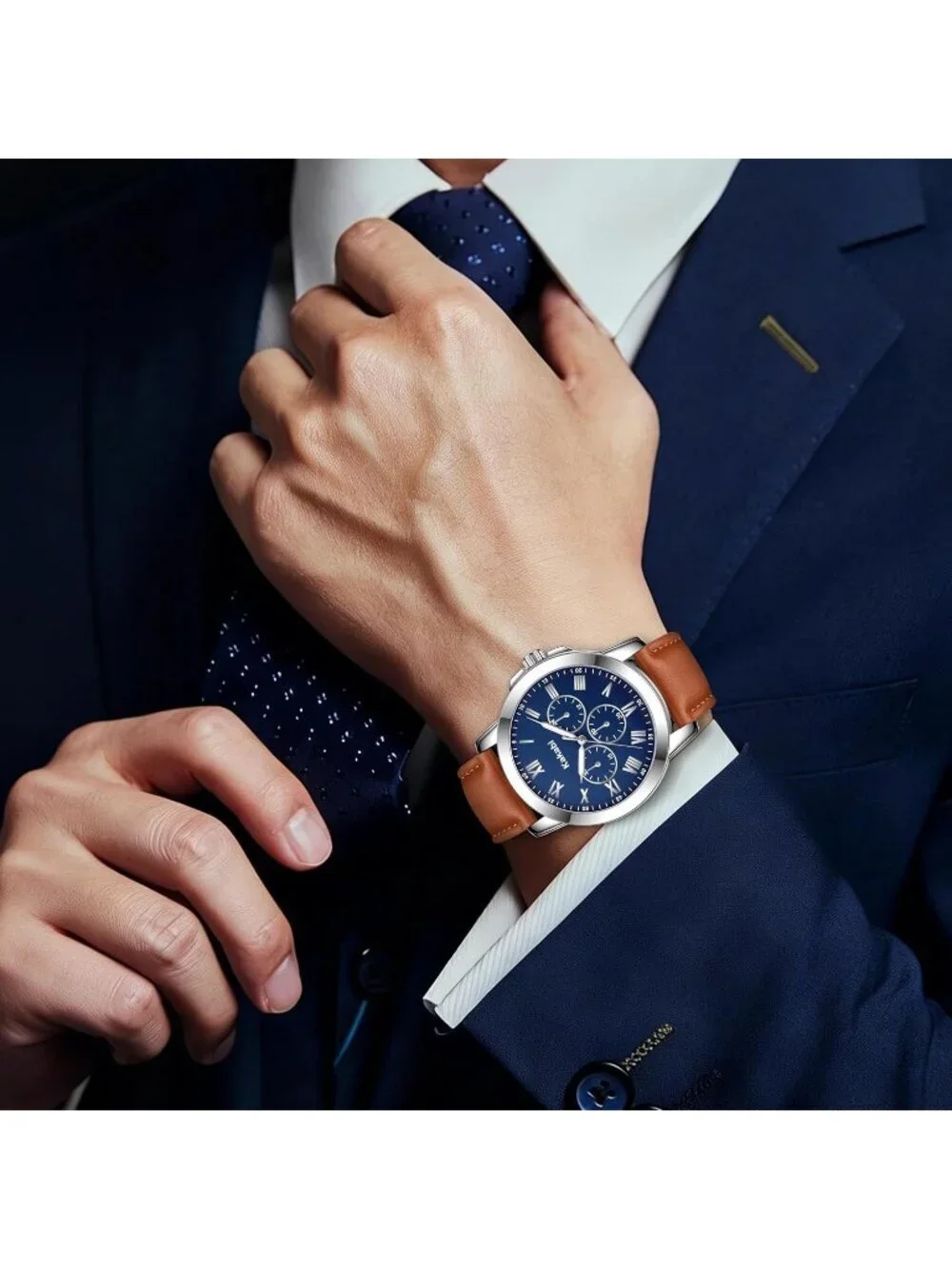 Mens Brown And Blue Analog Quartz Leather Classic Roman Numeral Waterproof Watch